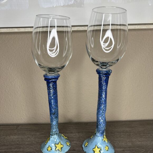 Signed Art Pottery Stem Wine Glasses 15"h Hand Painted Boho Unique Shelley Stars - Picture 5 of 5